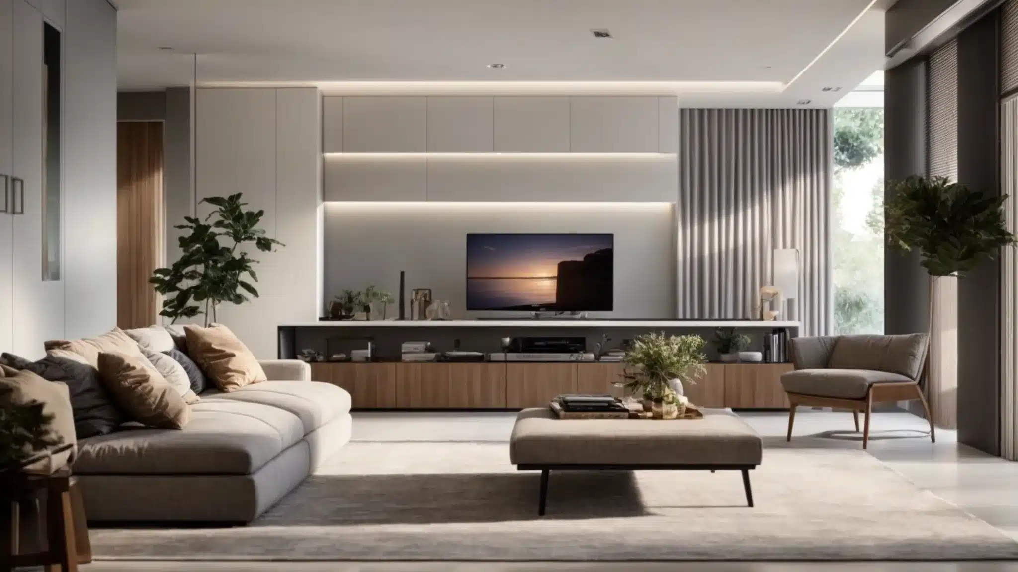 a sleek, modern home interior showcases a high-efficiency air conditioning unit prominently on the wall, with a digital display and ambient lighting highlighting the unit, emphasizing the theme of comfort and technological advancement in residential cooling solutions.
