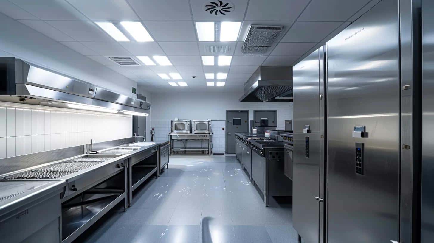 a sleek commercial kitchen in columbus features a gleaming, well-maintained ice machine, illuminated by bright overhead lights, showcasing the efficiency and reliability of proper preventative maintenance.